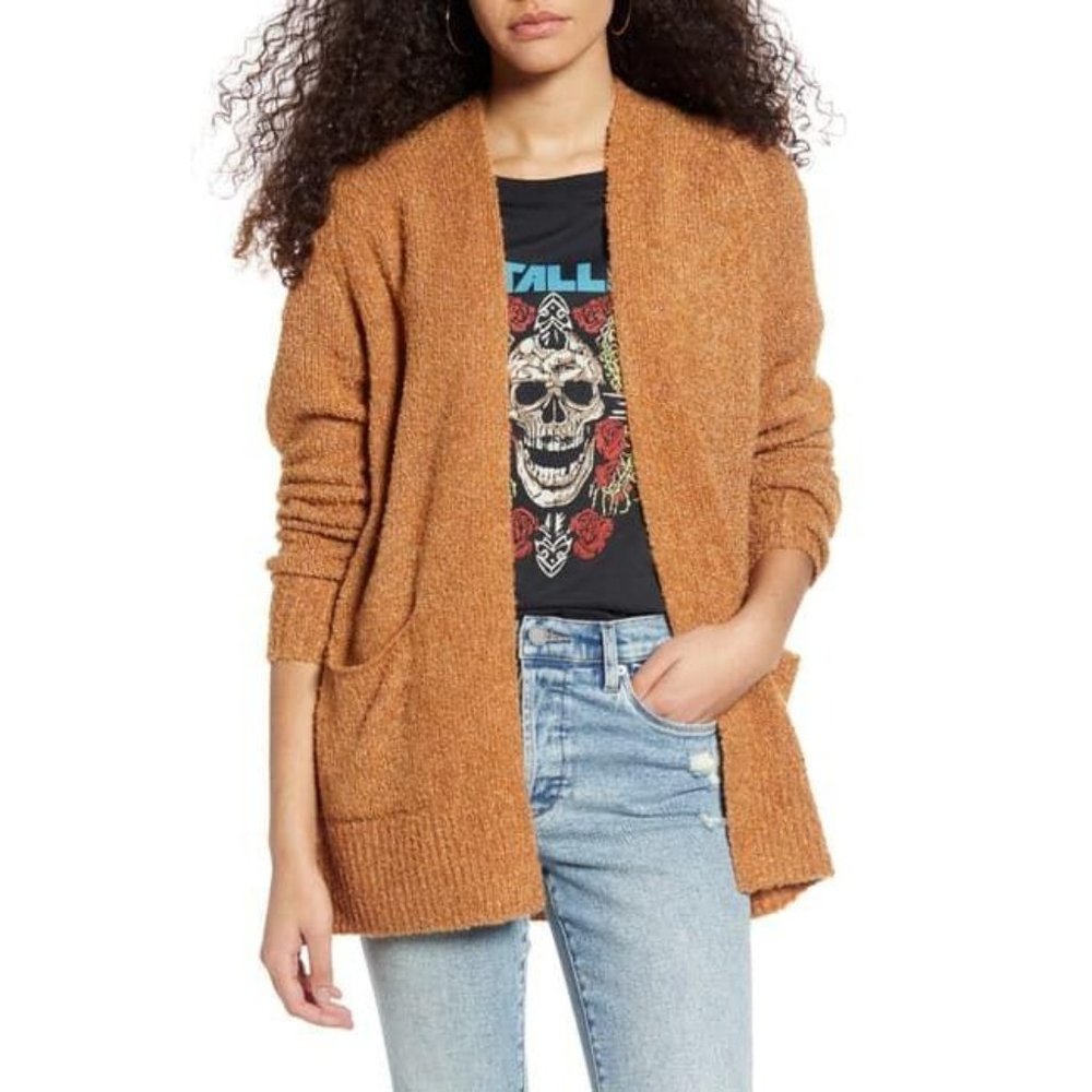 BP Bouclé Cardigan M Tan Lion Open Front Long Slee